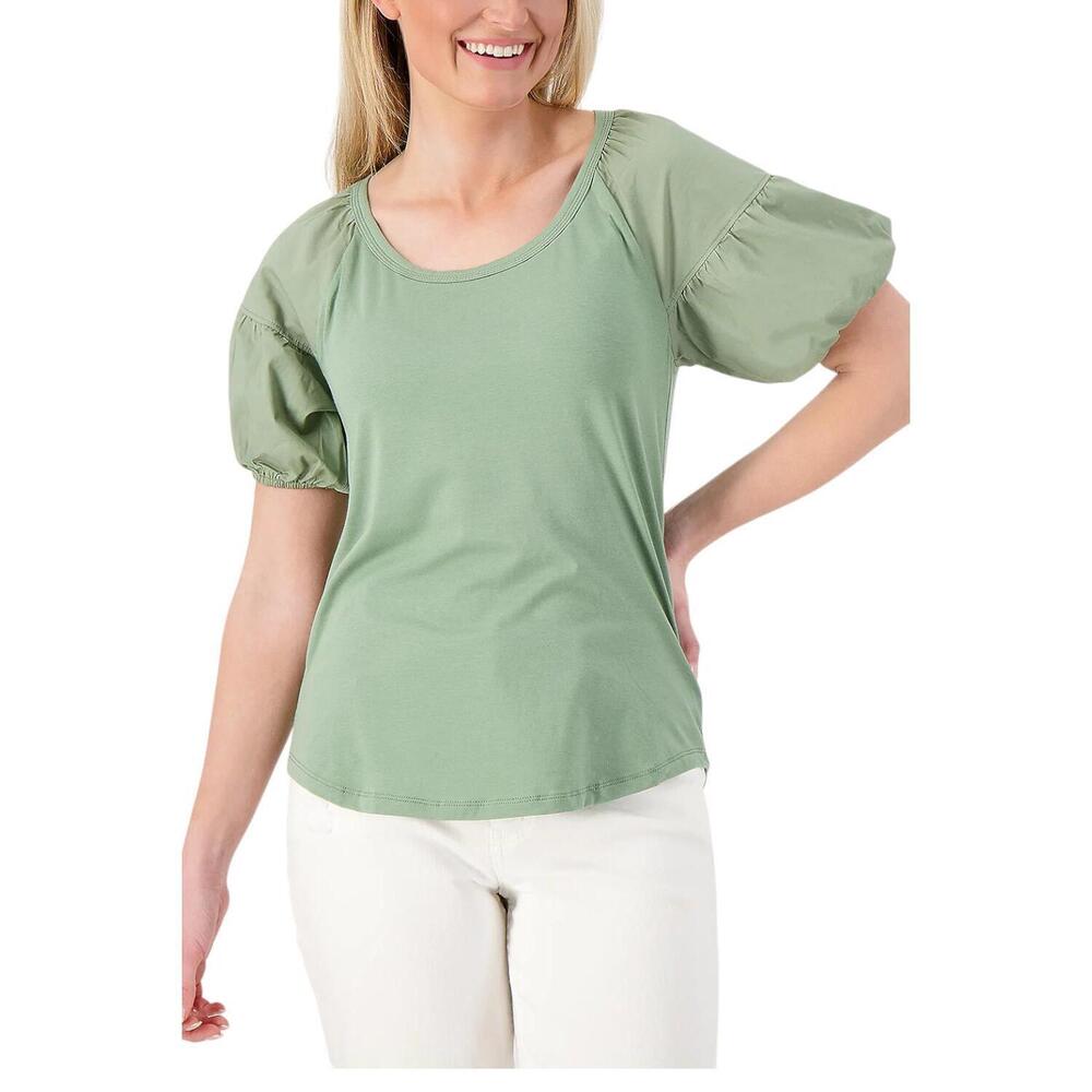 Candace Cameron Bure Sage Green Puff Sleeve Scoop Neck Top